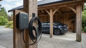 A neat wall-mounted EV charger for Octopus Intelligent Go featuring tidy cable management in a carport