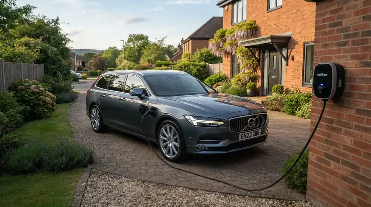 A family car connected to an EV charger for Octopus Intelligent Go at a typical semi-detached suburban property
