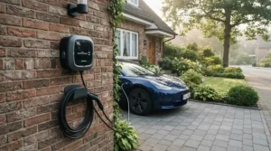 An EV charger for Octopus Intelligent Go installed on a modern British home driveway during early morning light