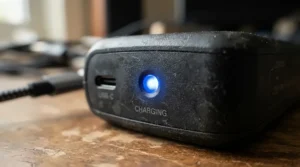 Close-up of the LED status light on an EV charger for Octopus Intelligent Go showing active connection