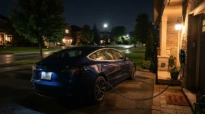 An EV charger for Octopus Intelligent Go active during the overnight charging window outside a terraced house