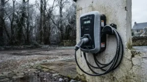 A frost-covered EV charger for Octopus Intelligent Go operating reliably on a cold British winter morning