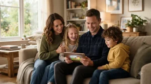 Family reviewing their electricity costs and peak pricing periods in a British living room