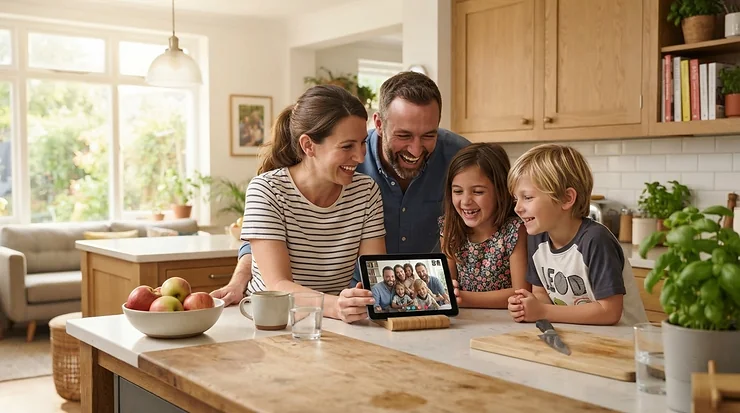 Family gathered around a kitchen counter viewing household electricity data on an energy monitor for Octopus Agile