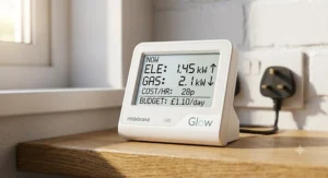 Hildebrand Glow IHD showing real-time electricity and gas usage data in kilowatt hours