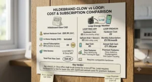 Price comparison chart showing Hildebrand Glow upfront cost versus Loop free app and premium subscription options