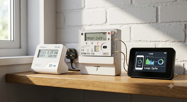 Hildebrand Glow CAD and Loop energy monitor displayed alongside a UK smart meter, Hildebrand Glow vs Loop energy monitor