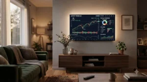 Smart display showing live electricity generation and usage data in a British living room