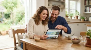 Family reviewing energy savings on a home energy monitor for solar panels in a modern UK dining room