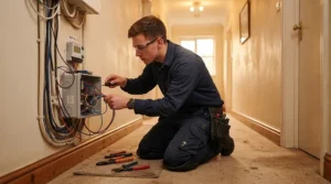 DIY homeowner placing a whole home energy monitor clamp around a main circuit cable