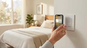 A bedside view showing smartphone pairing with an in-wall smart switch for morning routines.
