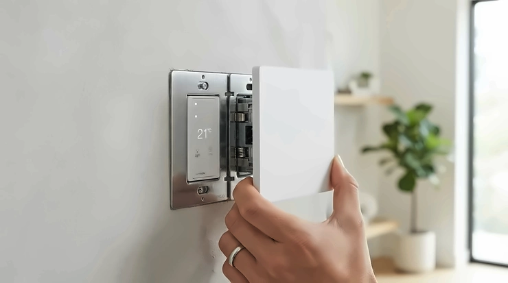 A sleek glass wall plate fitted neatly over an in-wall smart switch to match interior decor.