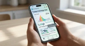Loop energy saver smartphone app interface displaying daily energy costs and British Gas tariff tracking