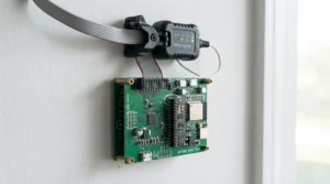 A whole home energy monitor clamp wired into a standard British domestic fuse board