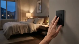 Controlling bedside lighting with a stylish no neutral smart switch in a contemporary British bedroom.