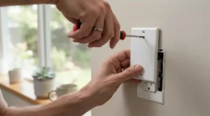 A DIY enthusiast carefully fitting a no neutral smart switch using a screwdriver.
