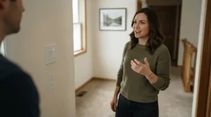 Activating a no neutral smart switch via voice command in a brightly lit hallway.