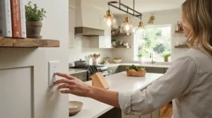 A sleek no neutral smart switch mounted on a tiled kitchen wall for automated lighting control.