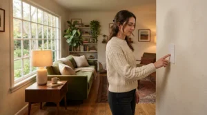 A modern no neutral smart switch installed on a living room wall in a British home.