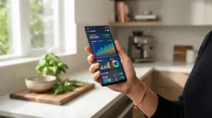 Smartphone displaying an energy monitor for Octopus Agile app with tariff tracking graphs held in a kitchen
