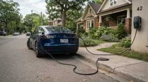 A portable EV charger cable running across a pavement to charge a parked electric car