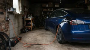 A portable EV charger cable plugged into an indoor garage socket during overnight backup charging