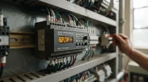 Close-up of the LCD screen and LED indicators on a portable EV charger cable control unit