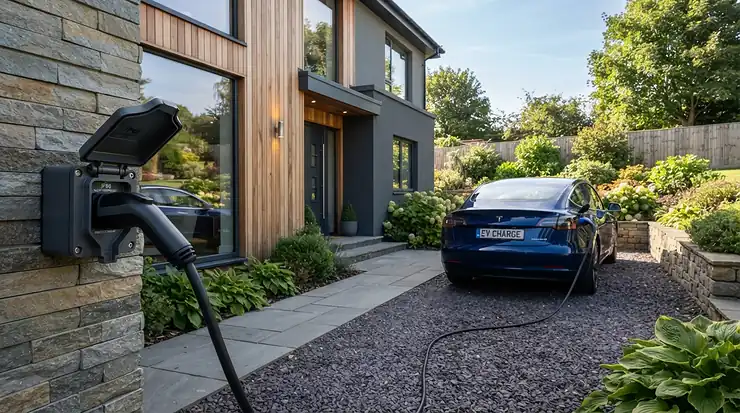 A portable EV charger cable connected to an exterior waterproof socket on a modern brick house