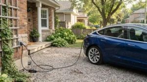 A portable EV charger cable connected to a standard domestic wall socket in a driveway