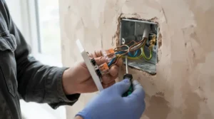 A detailed view of a retrofit in-wall smart switch being wired into a traditional wall socket.