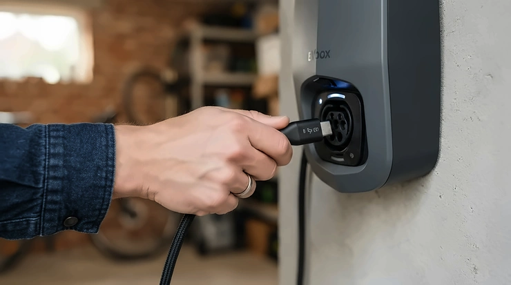 A close-up of a user plugging the connector cable into a smart EV charger for solar diversion.