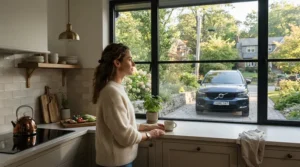 A homeowner monitoring their smart EV charger for solar diversion from a kitchen window overlooking the driveway.
