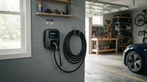 A sleek indoor installation of a smart EV charger for solar diversion inside a domestic garage.