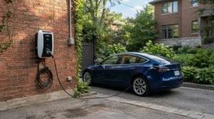 A smart EV charger for solar diversion mounted on a typical British brick home exterior, charging a family car.