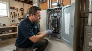 Electrician installing a smart home energy monitor for solar panels near a fuse box in a UK home