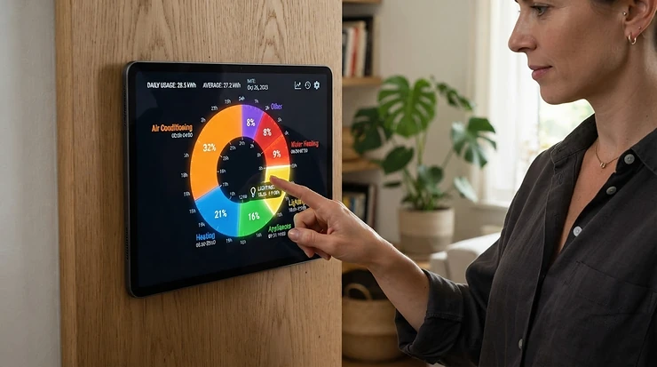 Smart home energy monitor illustrating fluctuating power usage across different tariff blocks, energy monitor for time of use tariffs