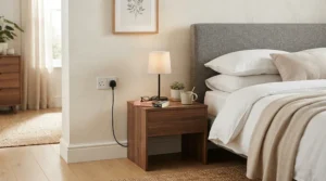 A bedroom bedside table setup comparing a smart light switch vs smart plug for automatic lighting.