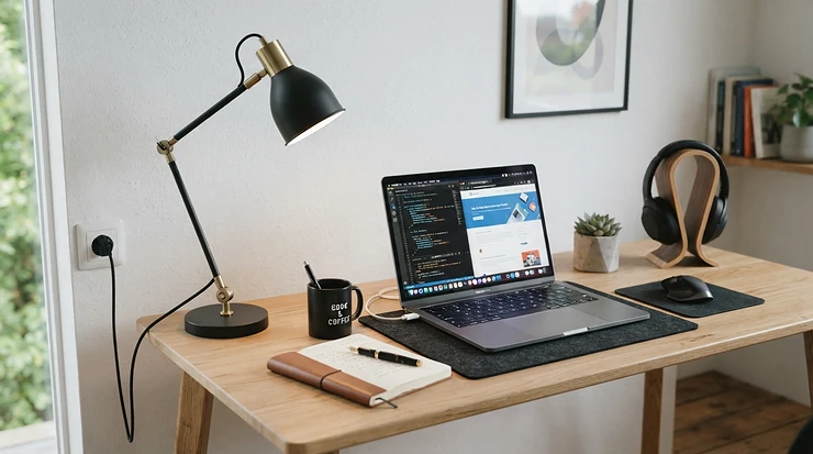 A home office desk setup highlighting lamp automation in smart light switch vs smart plug decisions.