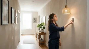 A hallway ceiling light illustrating smart light switch vs smart plug options for permanent lighting circuits.