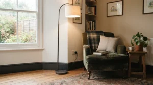 A living room table lamp demonstrating lamp automation in a smart light switch vs smart plug comparison.