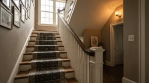 A staircase landing illuminated to show smart light switch vs smart plug options for multi-way circuits.