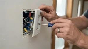 A close-up of electrical wiring showing installation complexity for smart light switch vs smart plug hardware.