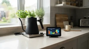 Smart electricity monitor showing cost per kWh during peak times on a kitchen counter