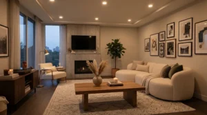 A smart relay module enabling hidden automation for ceiling lights in a modern lounge.