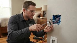 A smart relay module wired neatly behind a standard light switch in a British home.