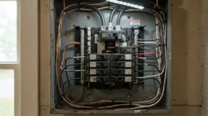 A smart relay module mounted on a standard DIN rail inside a domestic consumer unit.