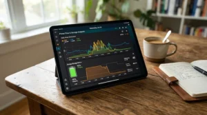 A tablet screen showing a comprehensive dashboard provided by a solar battery monitoring add-on system.