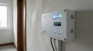 Close-up of a wall-mounted solar battery monitoring add-on device with clear LED status lights.