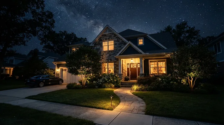 A home at night with exterior lighting powered by stored energy tracked by a solar battery monitoring add-on.