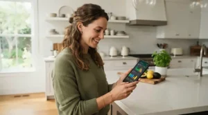 A smartphone displaying live energy storage data via a solar battery monitoring add-on app in a modern kitchen.